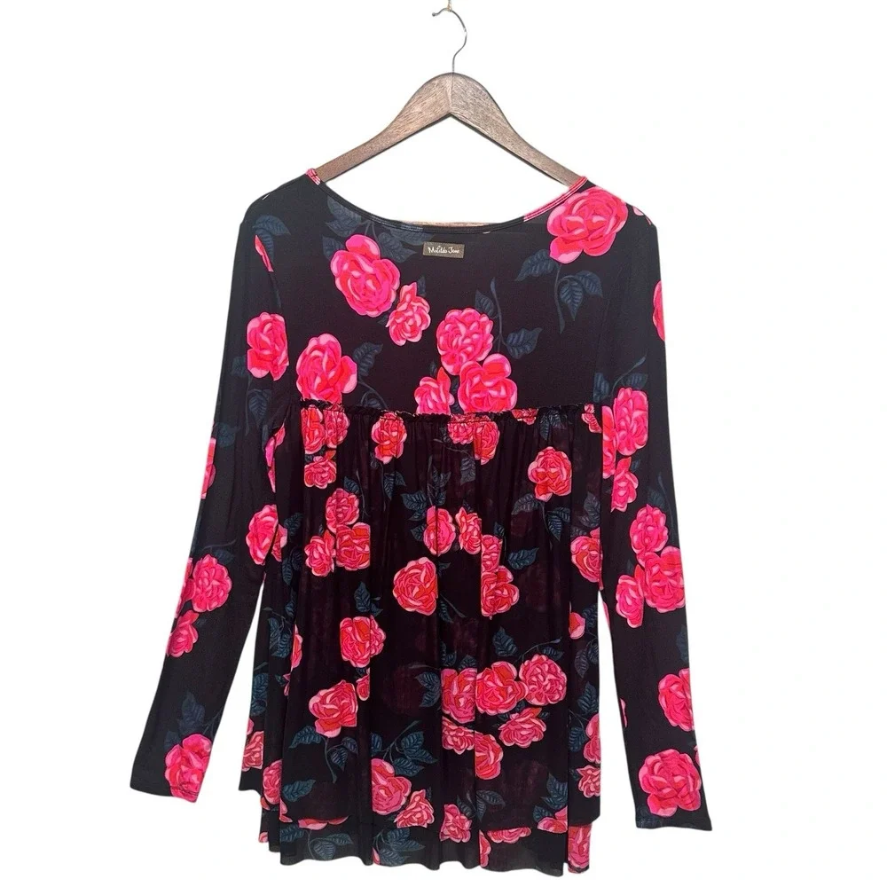 Matilda Jane Womens Top Size S Tunic Black Floral Long Sleeve‎ Scoop Neck Knit